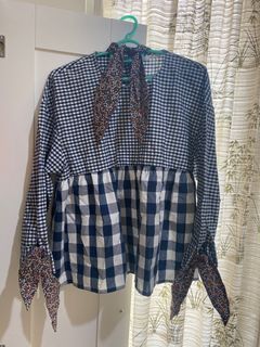 (NEW) ZARA Blouse Navy Kotak2 with Ribbon