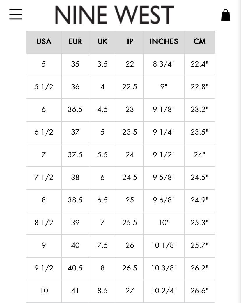 Nine west shoe size sales chart