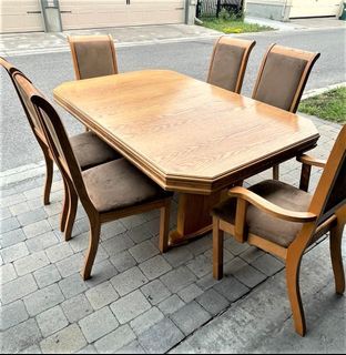 Oak Hexagon Dining Set- 6 Chairs , Removable 20 Inch Leaf+ Buffet