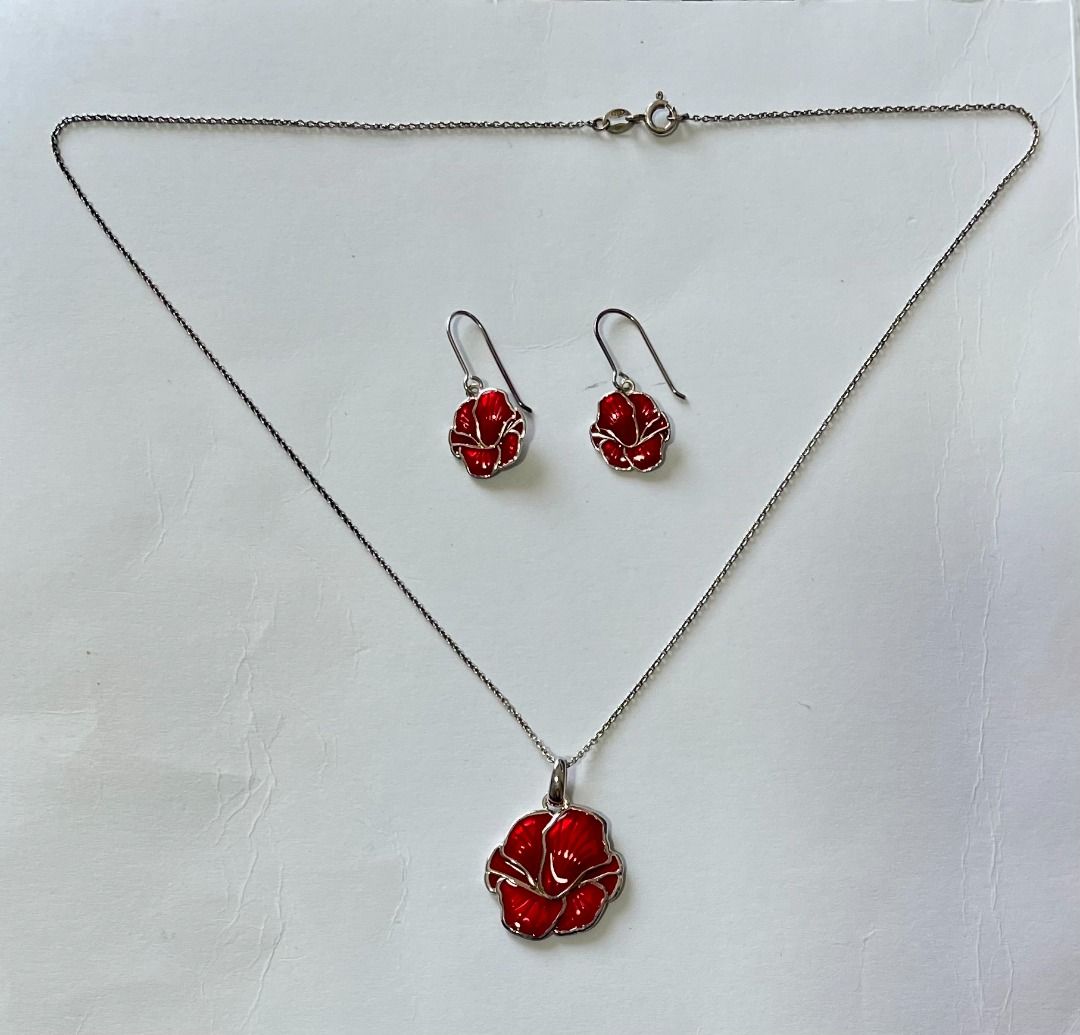 Ortak red poppy earring and necklace set in sterling silver Women s Fashion Jewelry Organisers Body Jewelry on Carousell