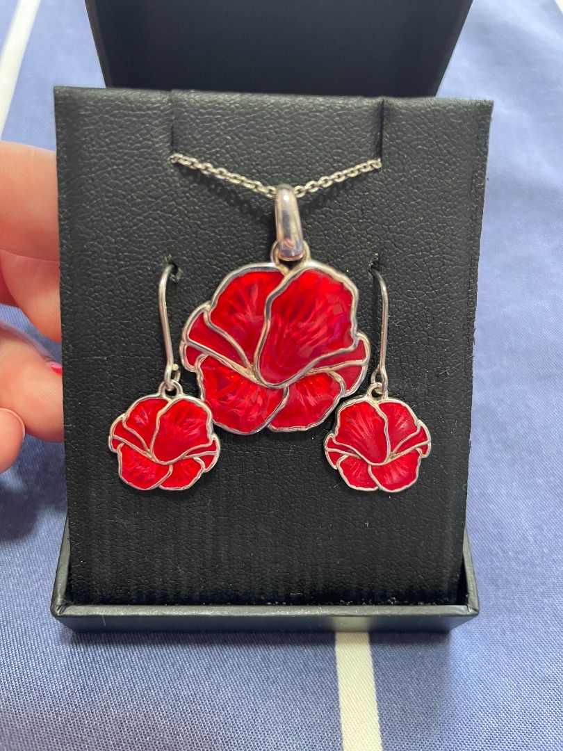 Ortak red poppy earring and necklace set in sterling silver Women s Fashion Jewelry Organisers Body Jewelry on Carousell