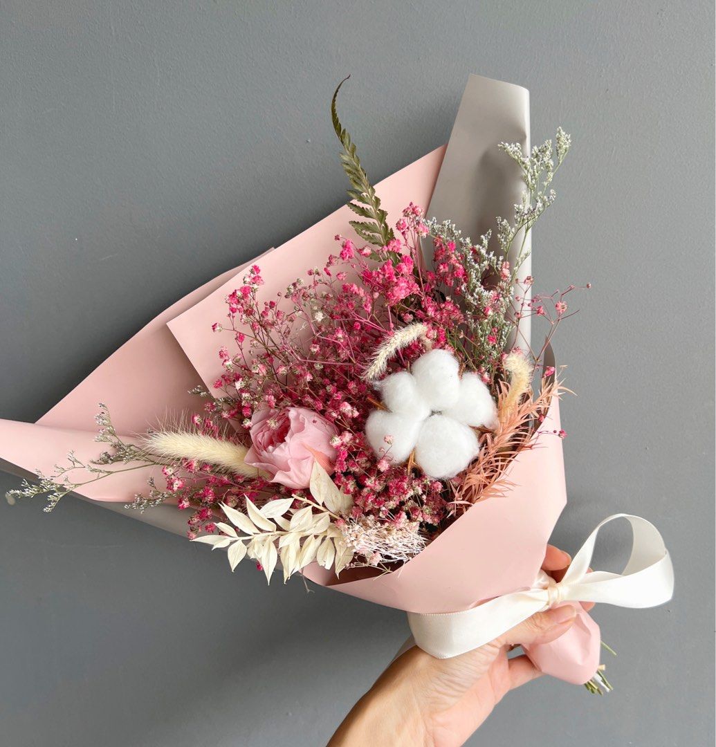 Preserved Pink rose baby breath cotton flower bouquet free delivery
