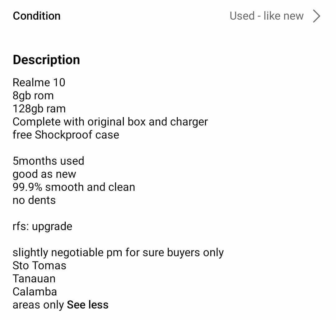 Realme 10 (Category: Realme) located in Binan City. Submitted by lykszzz (Listing ID 1243118350, Image 2). Description: Check the next photo for specs..