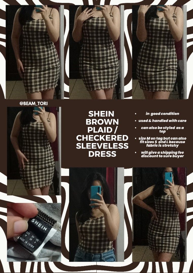SHEIN Brown Plaid Checkered Sleeveless Dress Women s Fashion