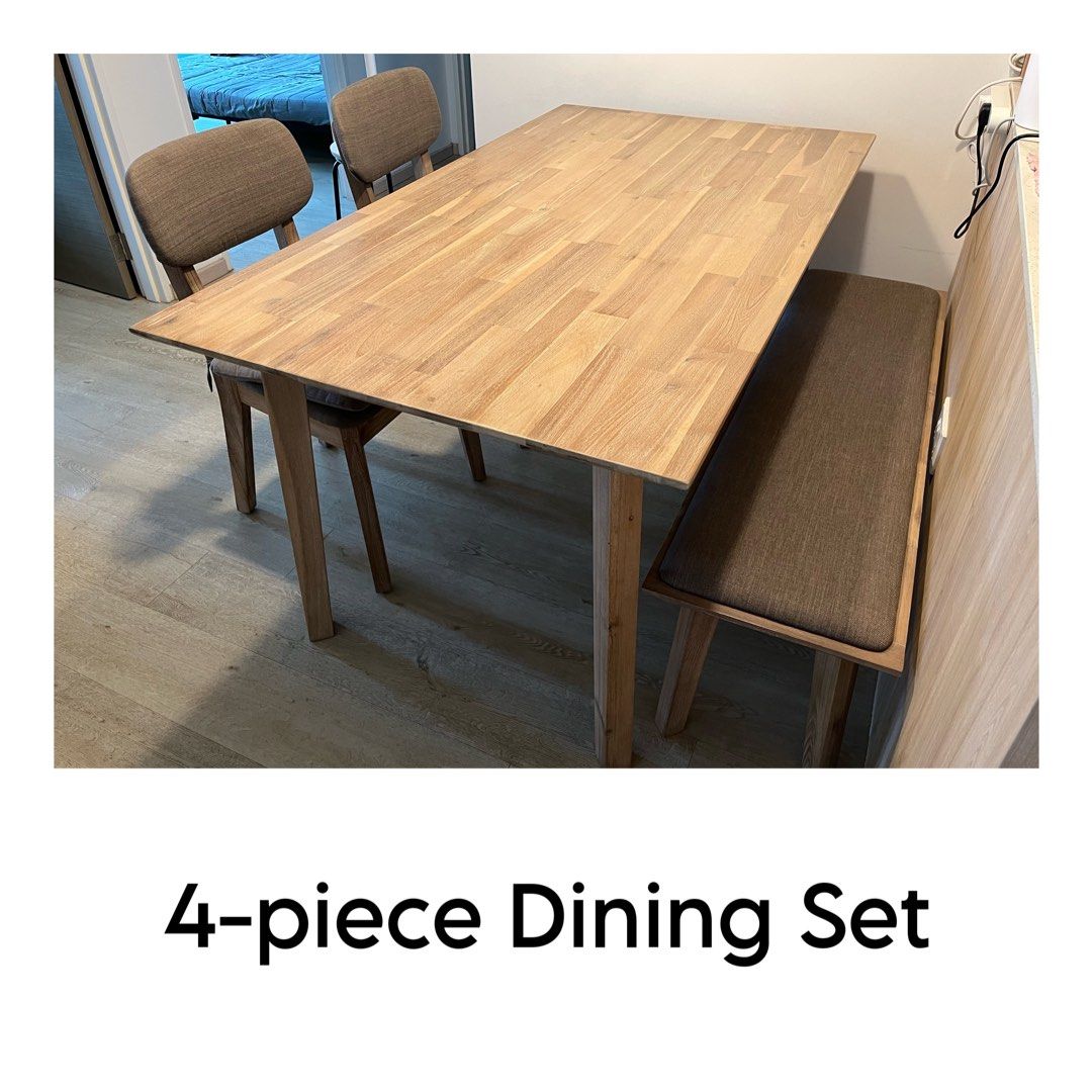 Solid Wood Dining Table Set (Category: Tables & Sets) located in Singapore. Submitted by gwunsss (Listing ID 1241045318, Image 1). Description: 4-piece Dining Table Set - Solid acacia wood in very good condition (9.5/10) - water-resistant and scratch-resistant *DINING TABLE SET* - Dining table 1.6m (w) x 90cm (d) x 76cm (h) - Bench 1.3m (w) x 37cm (d) x 45cm (h) - 2 chairs with padded cushion and fabric upholstery 42cm (w) x 40cm (d) x 48cm (seat