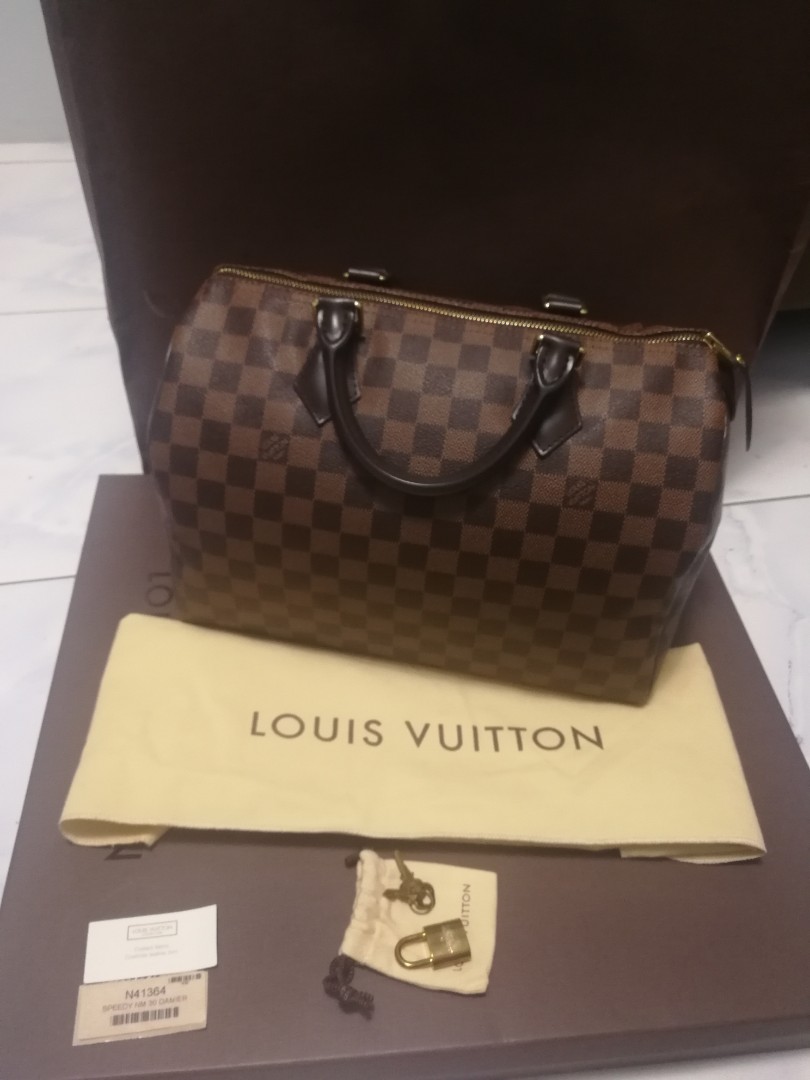 Authentic LOUIS VUITTON Damier Ebene Speedy 30 N41364 with red lining