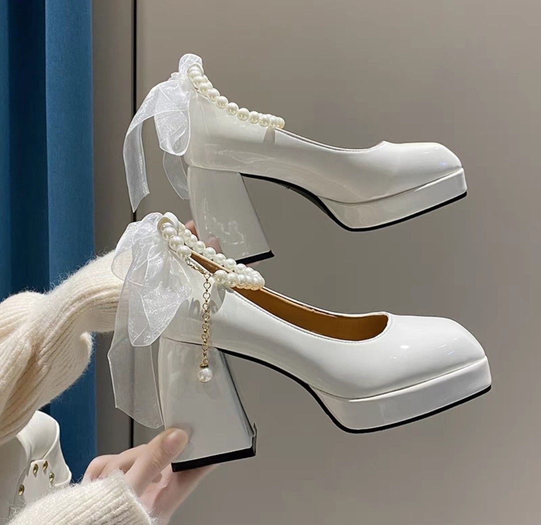 White heels clearance with ribbon