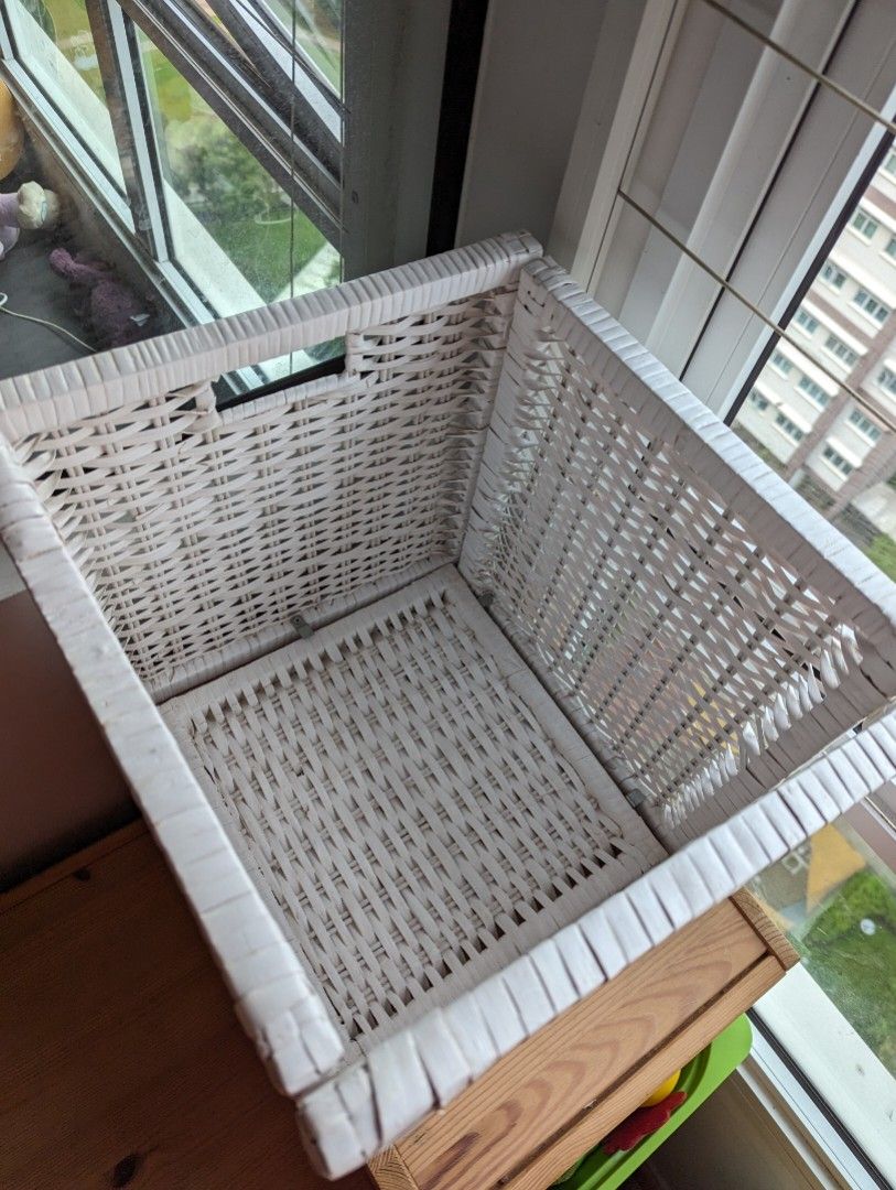 White Ikea Branas Rattan Wicker Storage Collapsible Box, Furniture