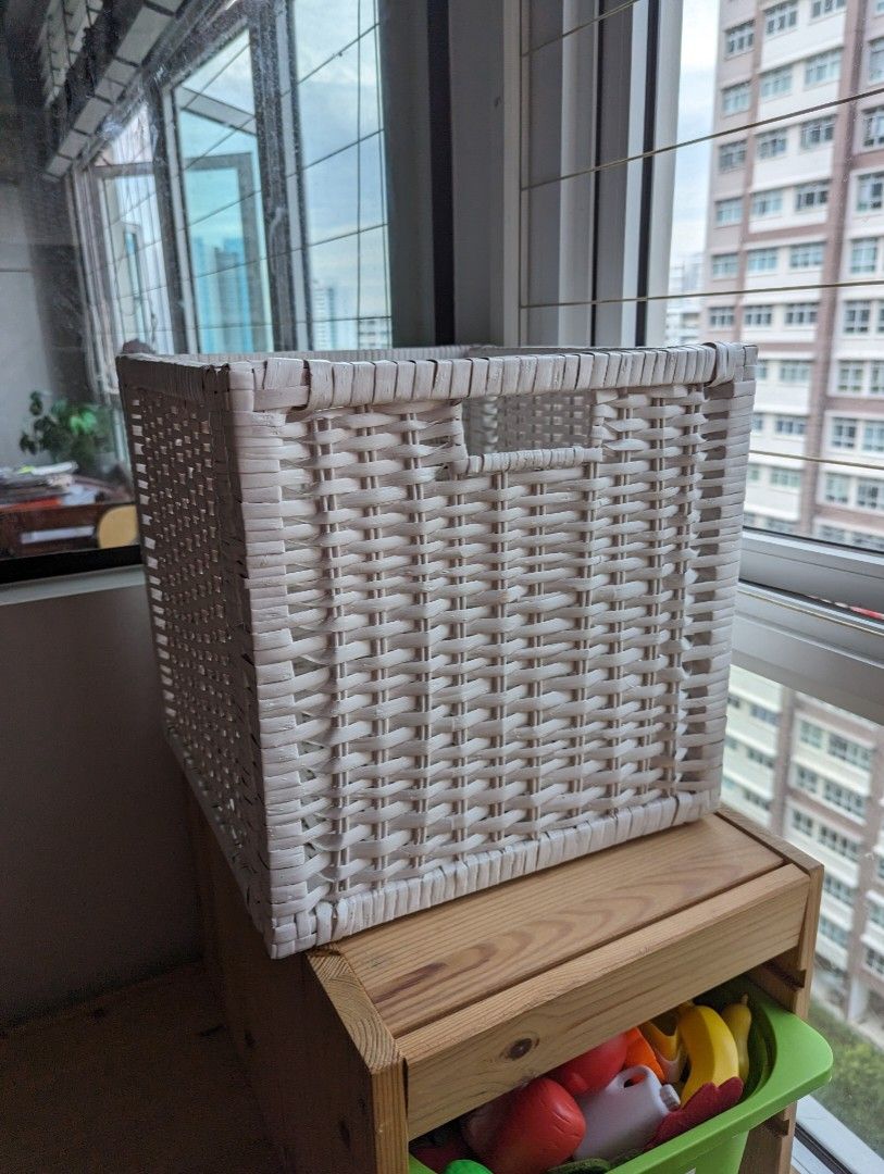 White Ikea Branas Rattan Wicker Storage Collapsible Box, Furniture