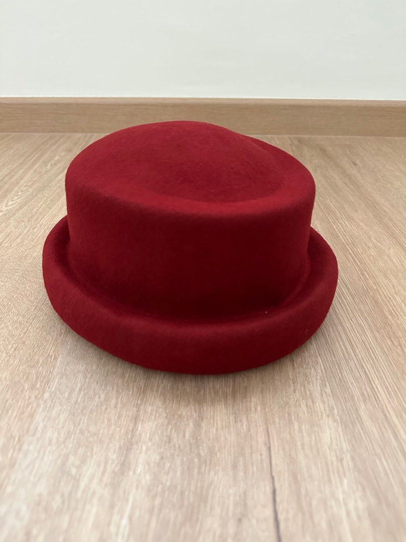 Wine red flat top bowler hat Men s Fashion Watches Accessories