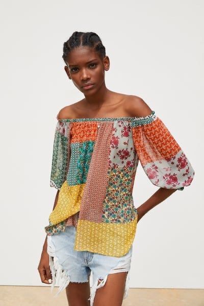 zara printed patchwork top