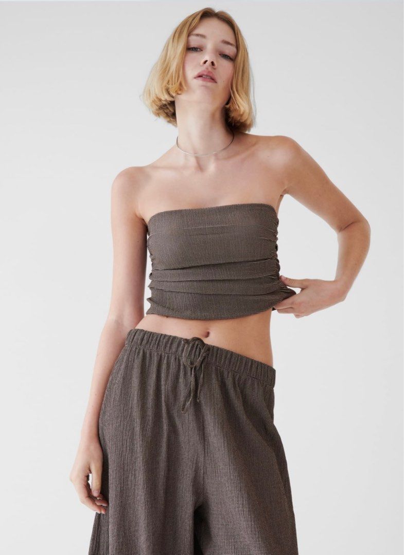 Zara Textured Elastic Ruched Tube Top Brown