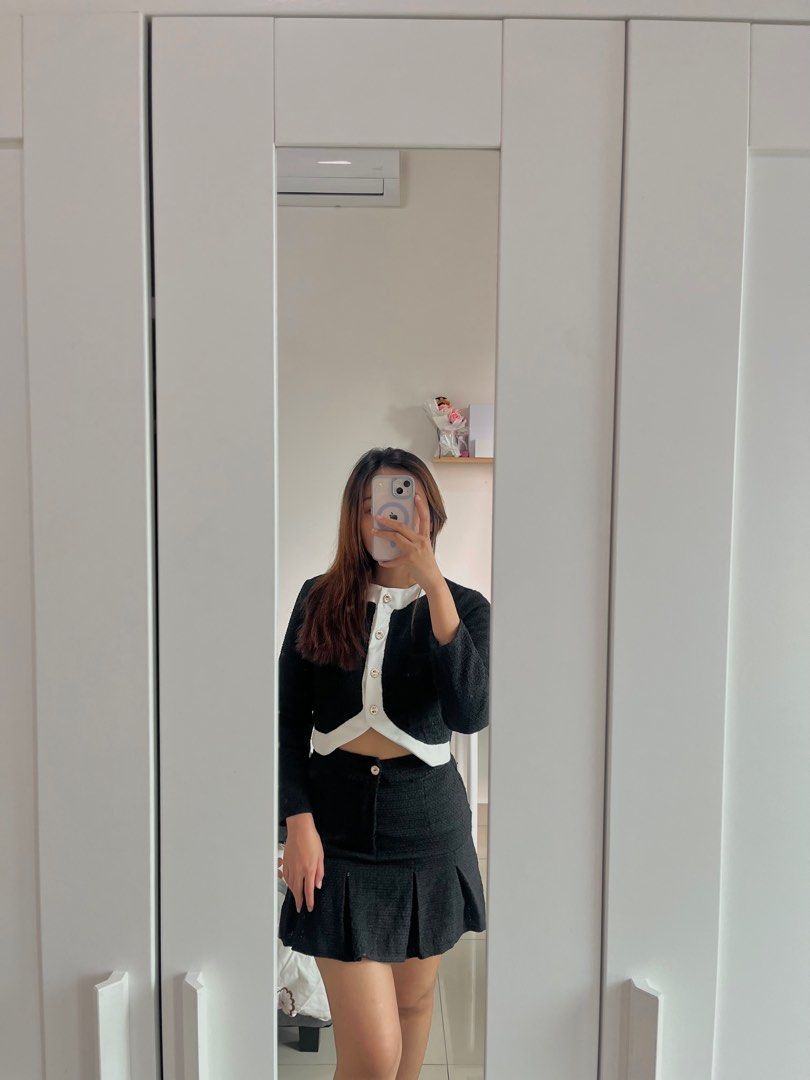 2 piece set short jacket high waist pleated skirt Women s
