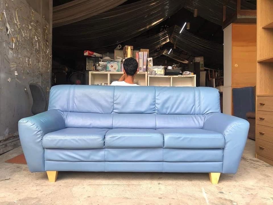 3 Seaters Blue Leather Sofa Japan Surplus, Furniture & Home Living,  Furniture, Sofas On Carousell