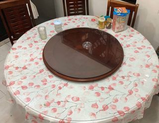 6 Seater Oriental Solid Wood Round Dining Set with Lazy Susan Turntable