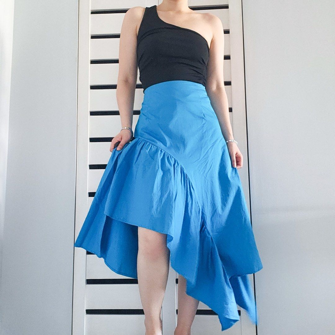 Azure Blue Asymmetrical Skirt (Category: Skirts) located in Manila. Submitted by thriftwithmeph (Listing ID 1243432119, Image 2). Description: Fits S-M // Waist 26-27 | Hips 35 | Length 36 .