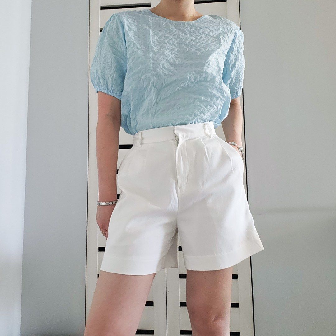 Baby Blue Textured Puff Sleeve Top (Category: Blouses) located in Manila. Submitted by thriftwithmeph (Listing ID 1243429454, Image 3). Description: Fits S-L // Bust 36 | Waist 38 | Length 21 .