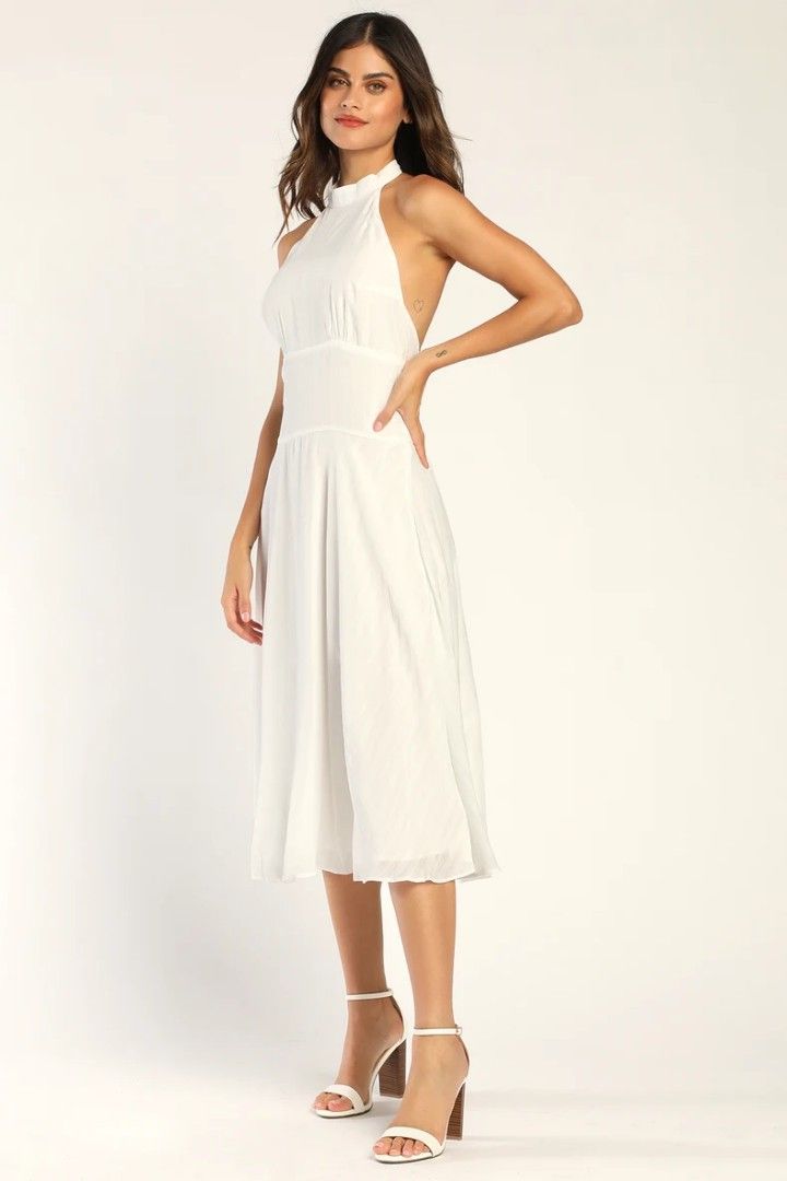 BNWT ELLIE White Halter Plaid Backless Midi Photoshoot Prewedding