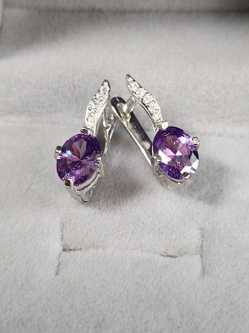BRAND NEW Purple Tanzanite Diamond Silver Hoop Earrings Oval Cut