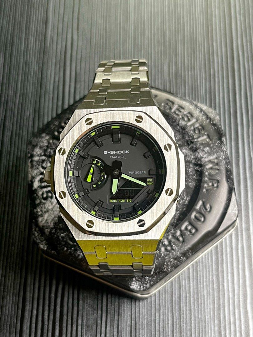 Casio G SHOCK Custom Royal Oak Casio Oak Men s Green STEEL Watch G Shock GA 2100 1A3 Custom Mod with Steel Bracelet Black dial with Green
