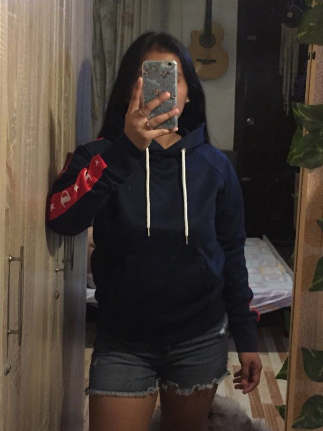 Champion 90 s Navy Blue Red Side Tape Hoodie Jacket for Women