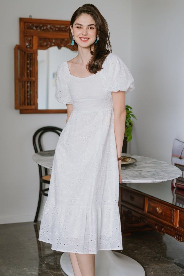 Eyelet Detail Puff Sleeve Maxi Dress in White Women s Fashion