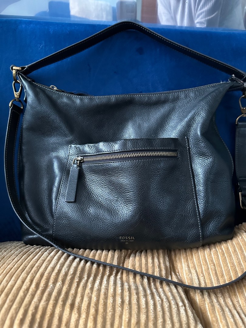 Fossil bag black leather shoulder bag tas wanita, Fesyen Wanita