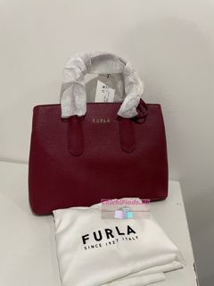 FURLA Sally Open Top Medium Divide-It Open Top Tote Bag Blue Cross Grain  Leather