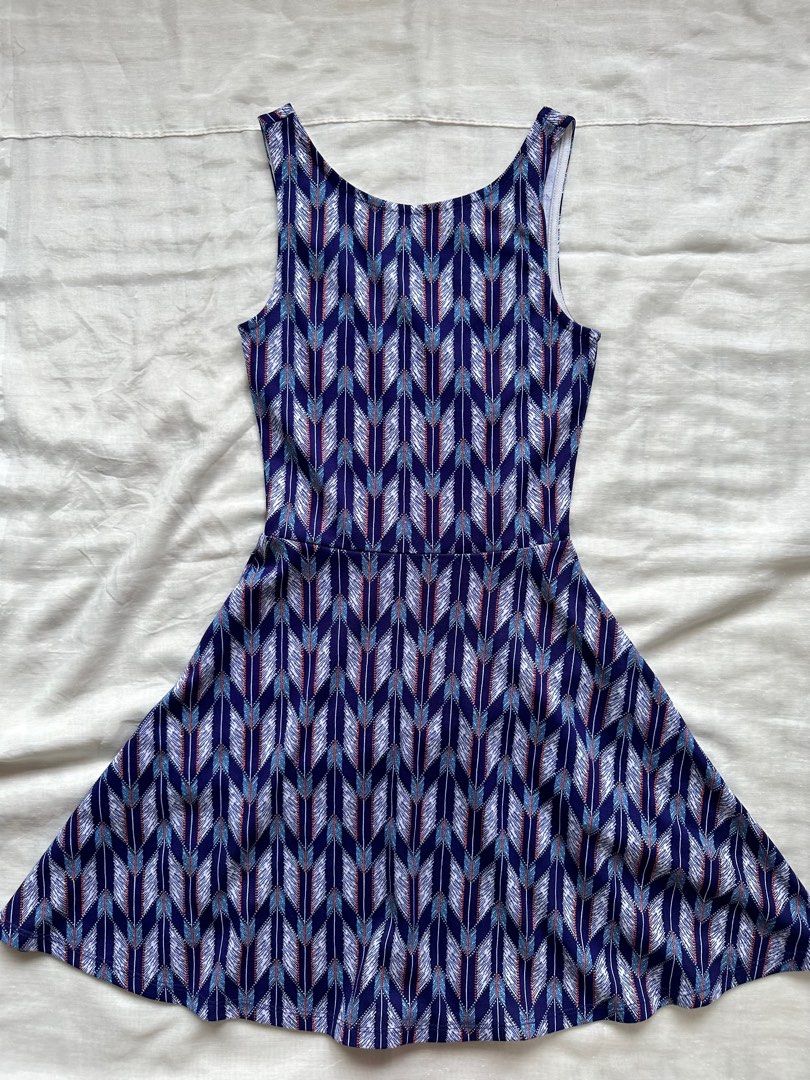 H M blue feather print scoop back skater dress Women s Fashion Dresses Sets Dresses on Carousell