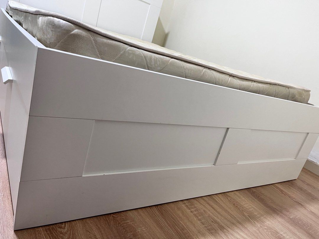 Ikea Brimnes Queen Bed 4 drawers with storage headboard, Furniture