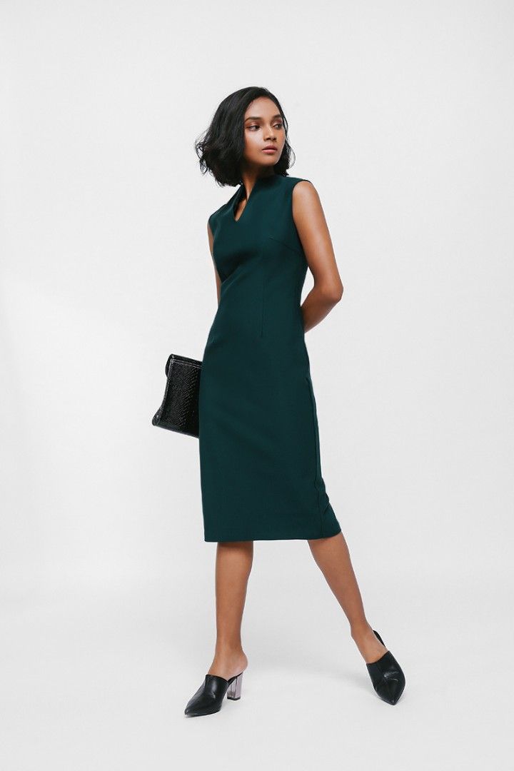 V-Neck Notch Pencil Dress - Navy