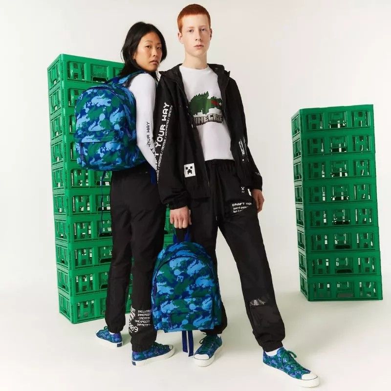 LACOSTE UNISEX X MINECRAFT PRINT CANVAS BACKPACK IN CAMOUFLAGE