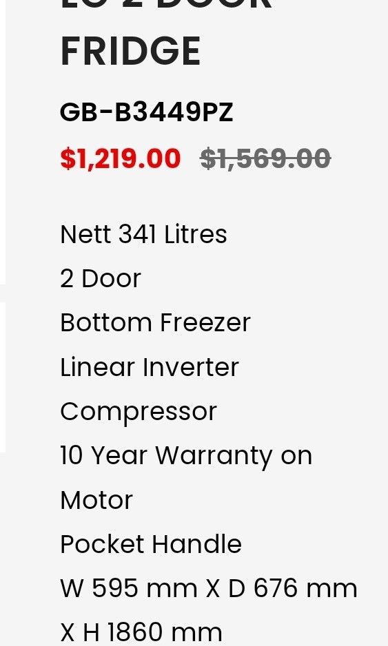 LG fridge freezer gbb3449pz 341L, TV & Home Appliances, Kitchen
