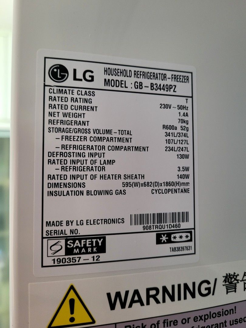 LG fridge freezer gbb3449pz 341L, TV & Home Appliances, Kitchen Appliances, Refrigerators