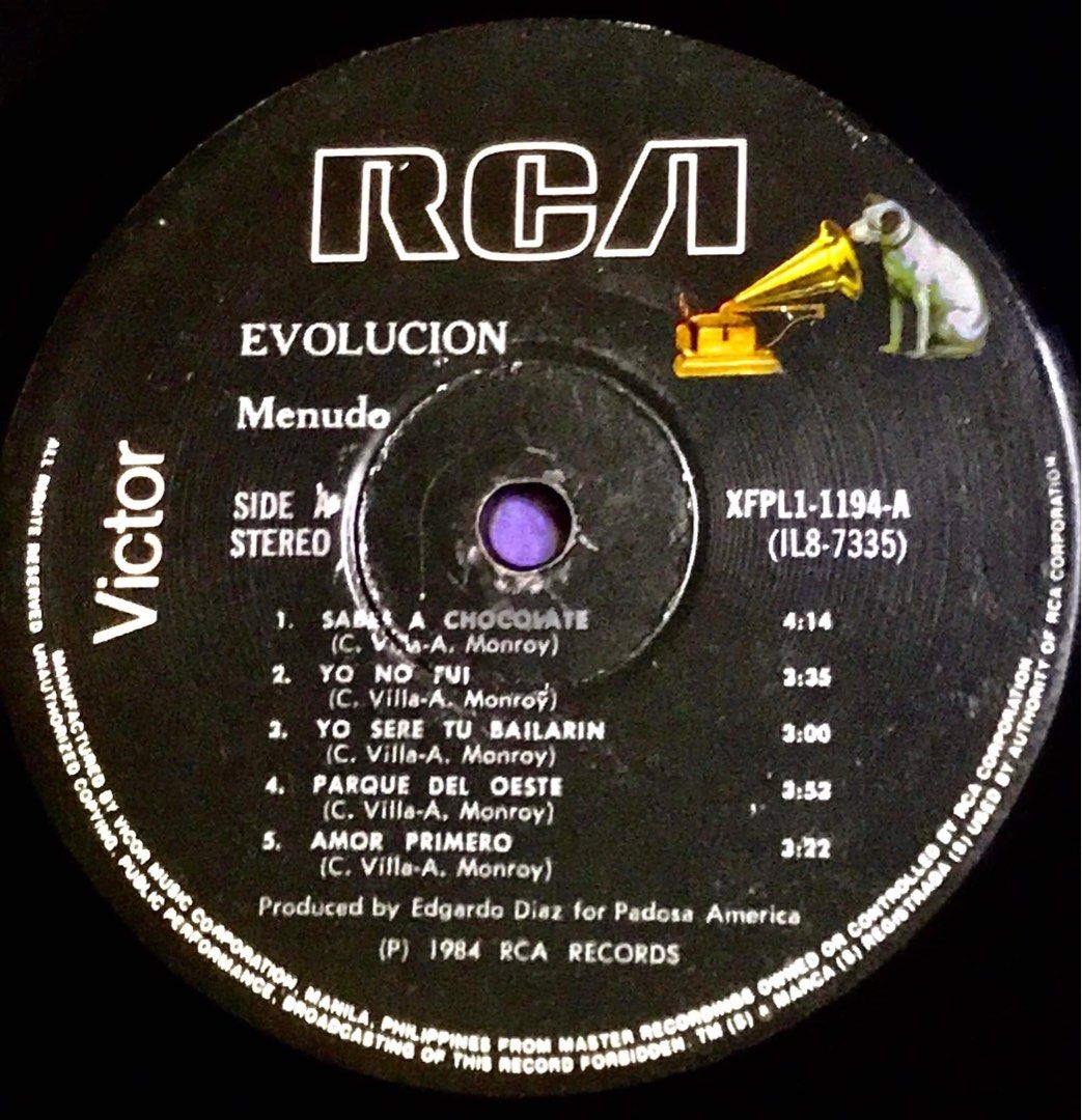 MENUDO - EVOLUCION LP PHILIPPINES RARE READ FIRST (Category: Vinyls) located in Caloocan City. Submitted by vinyl_filipinas (Listing ID 1243472958, Image 3). Description: MENUDO - EVOLUCION LP Genre: Pop / Rock / Latin / Bubblegum Year: 1984 Catalog # IL-87335 Label: RCA Victor Records Released By Vicor Music Corporation Philippines Side One: 1. Sabes No Chocolate 2. Yo No Fui 3. Yo Sere Tu Bailarin 4. Parque Del Oeste 5. Amor Primero Side Two: 1