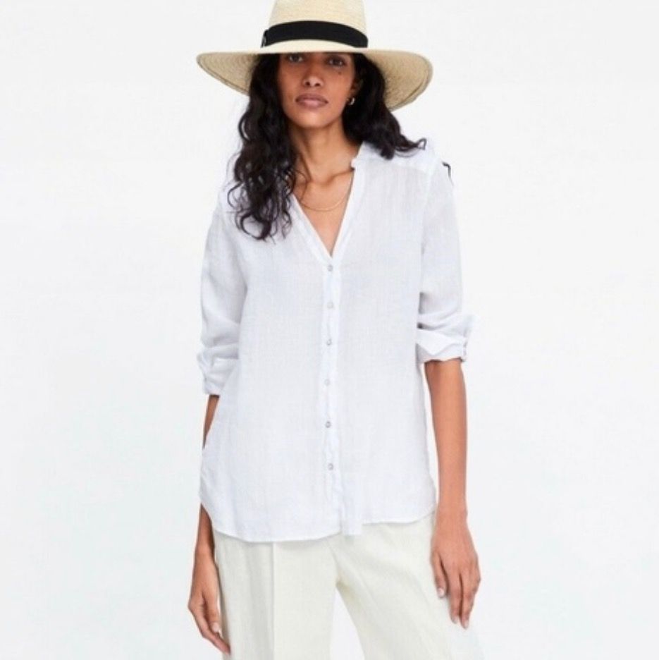 Zara women's white linen shirt clearance