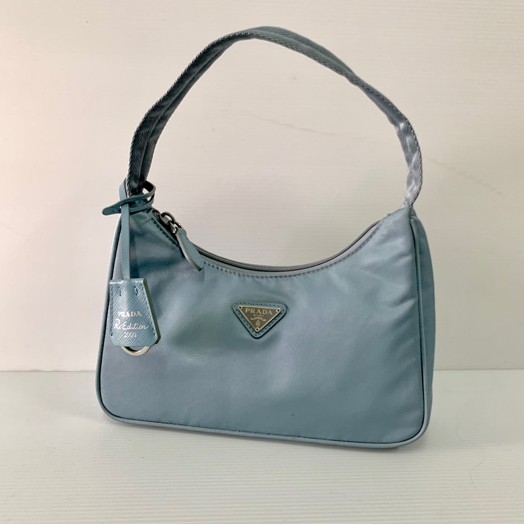 Prada Re-Edition 2000 White Satin Silver Crystal Nylon Shoulder Mini Hobo  Bag