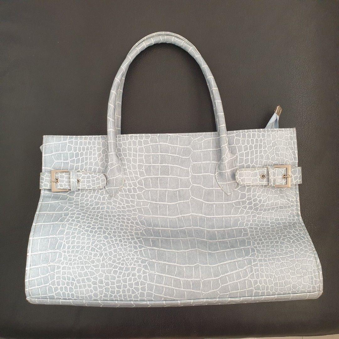 Light blue grey PVC leather laptop document crocodile handbag