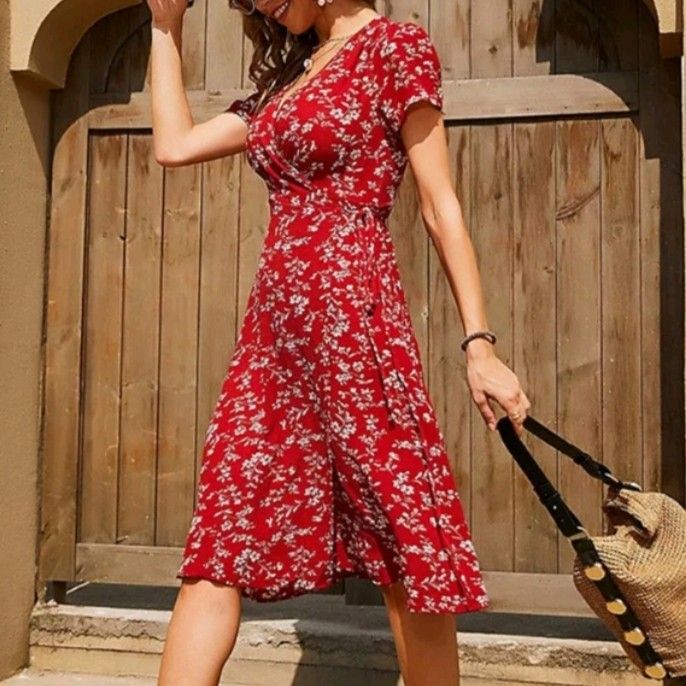 Red patterned hotsell midi dress