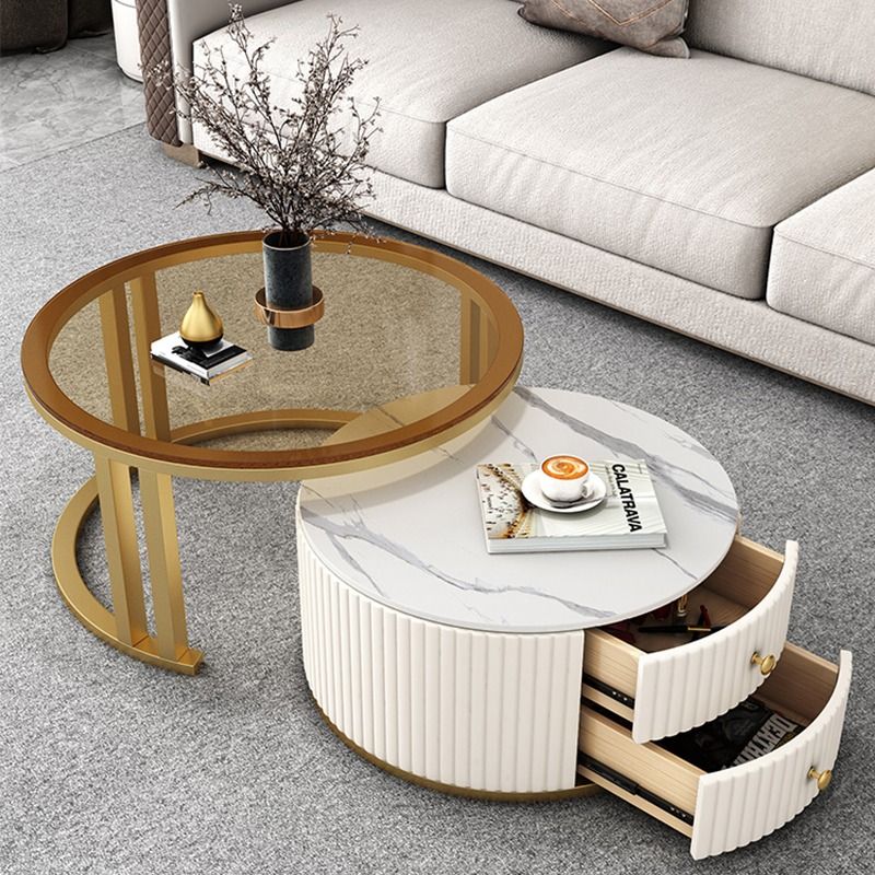 Round Coffee Table 2in1 Carbon steel gold-plated Rail Drawer with slide ...