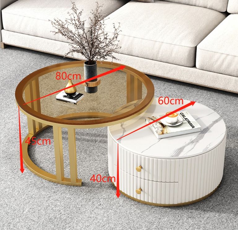 Round Coffee Table 2in1 Carbon steel gold-plated Rail Drawer with slide ...