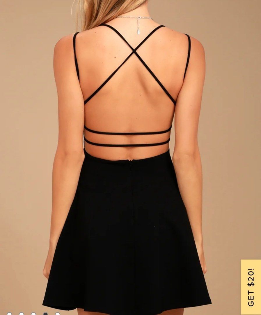 RTP 75 LULUS Believe in Love Black Backless Skater Dress V plunge neck cross back fit and flare mini dress