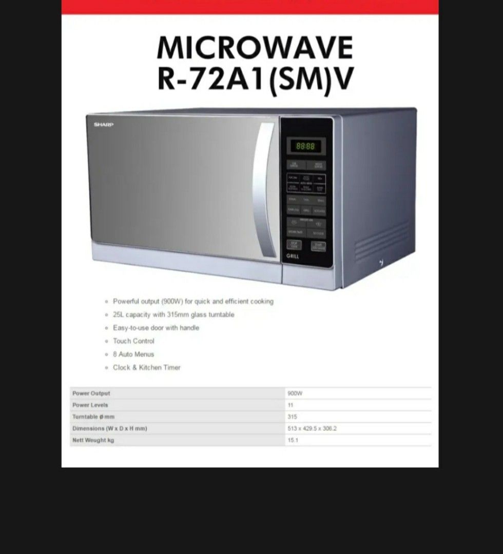 Sharp Microwave Oven with Grill R72A1 (SM) V, 25L Touch Control, TV