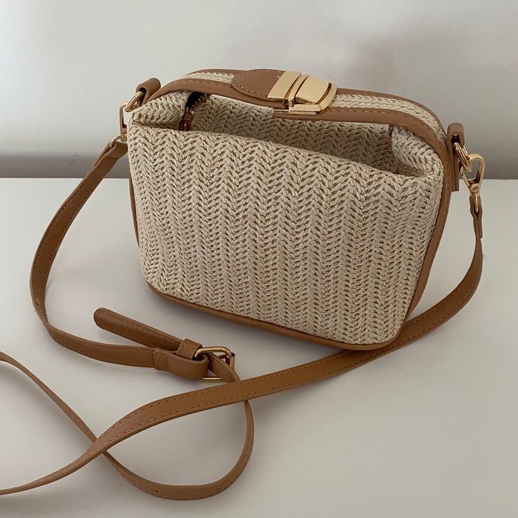 Straw Gold Buckle Bag Faux Leather, Women's Fashion, Bags & Wallets
