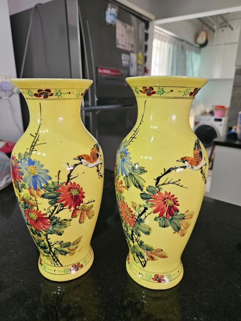 Vintage Chinese vases yellow floral, Furniture & Home Living, Home