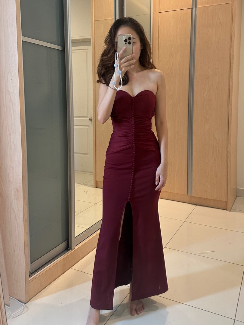 Wine red maxi evening dress with slit (padded), Women's Fashion