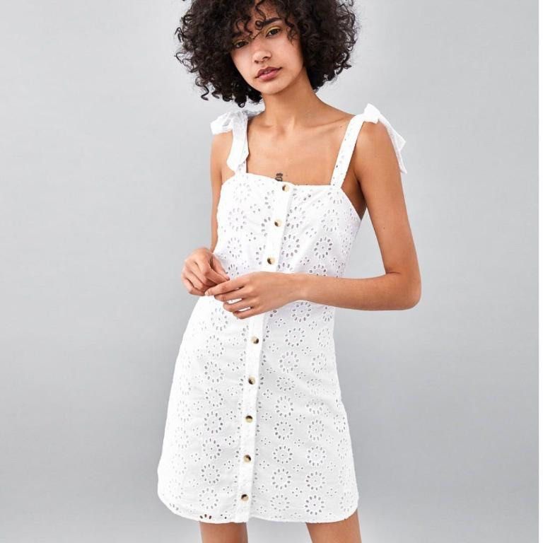 Zara Eyelet TieKnot Button Down Dress in white, Women's Fashion