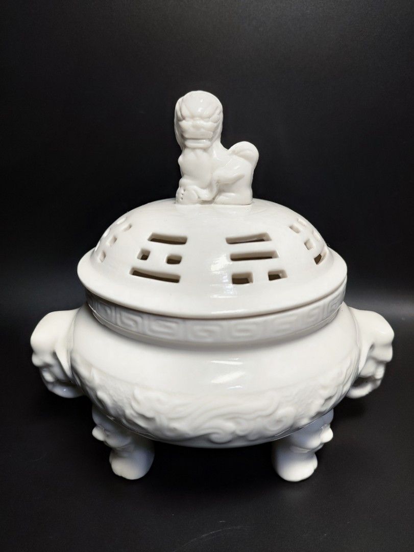 清朝期　徳化窯白磁双耳香炉　中国美術　② ◇鶴鳴堂◇中国・清時代白磁双耳香炉紫檀木蓋・台座白玉鈕唐瓷染付古