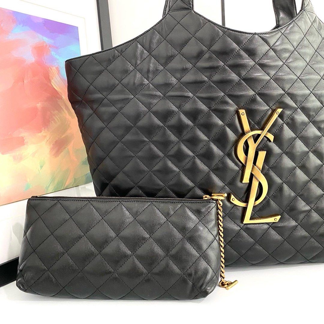 💯% Authentic YSL Black Lambskin Quilted Big Logo Shopping Tote Bag with  Pouch, Luxury, Bags & Wallets on Carousell