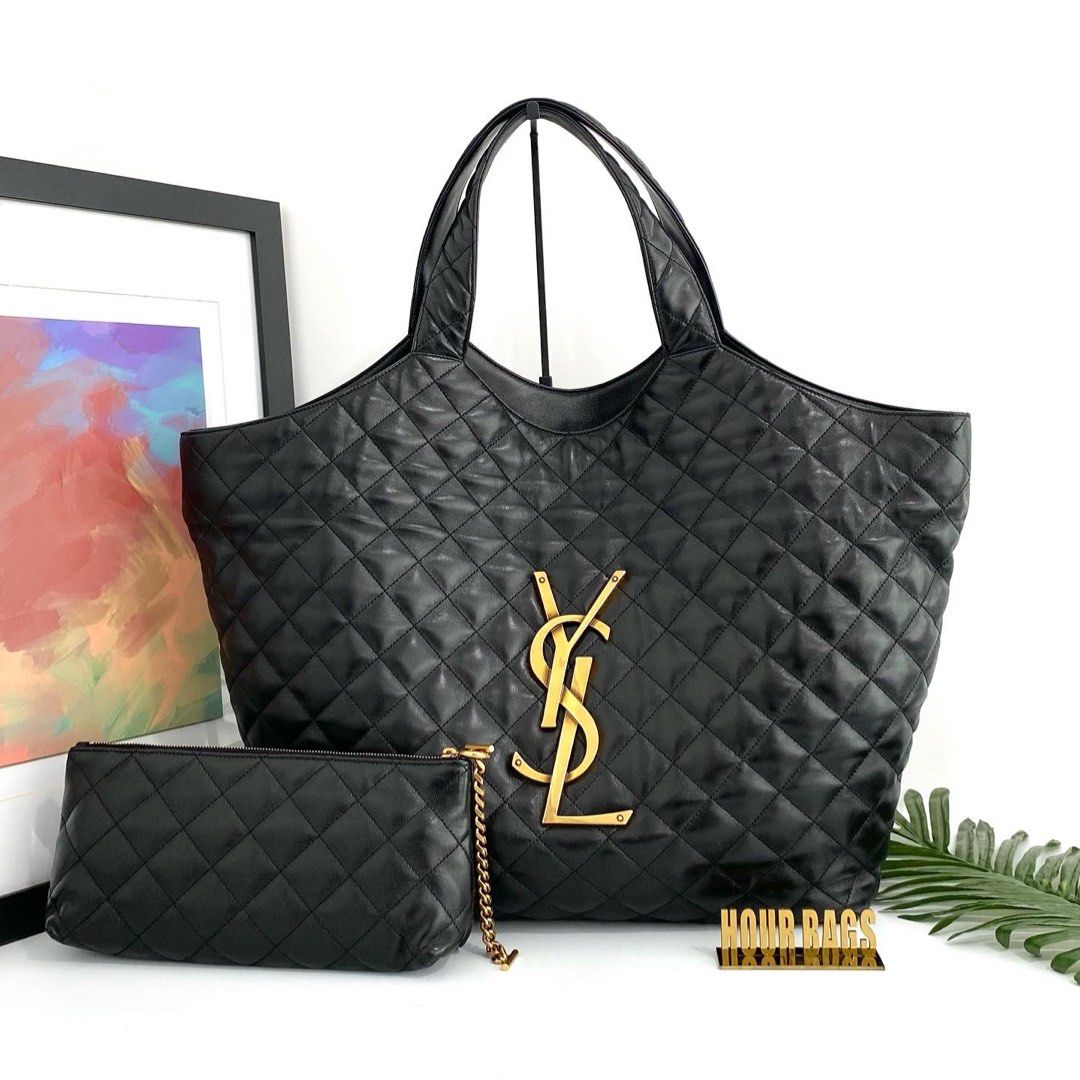 💯% Authentic YSL Black Lambskin Quilted Big Logo Shopping Tote Bag with  Pouch, Luxury, Bags & Wallets on Carousell